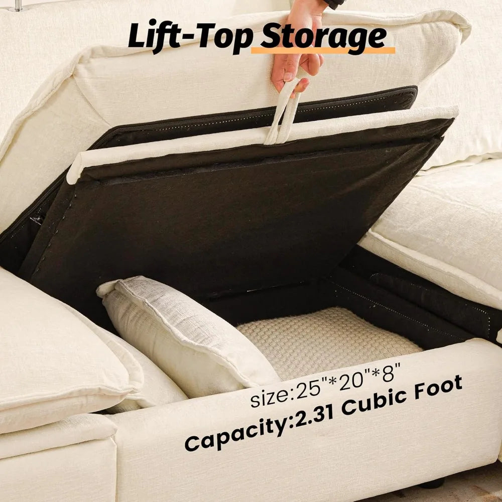 Oversized Power Reclining Sofa, Cream Cloud Chenille Recliner Couch with Adjustable Headrest, Pillows & Hidden Storage, Comforta