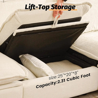 Oversized Power Reclining Sofa, Cream Cloud Chenille Recliner Couch with Adjustable Headrest, Pillows & Hidden Storage, Comforta