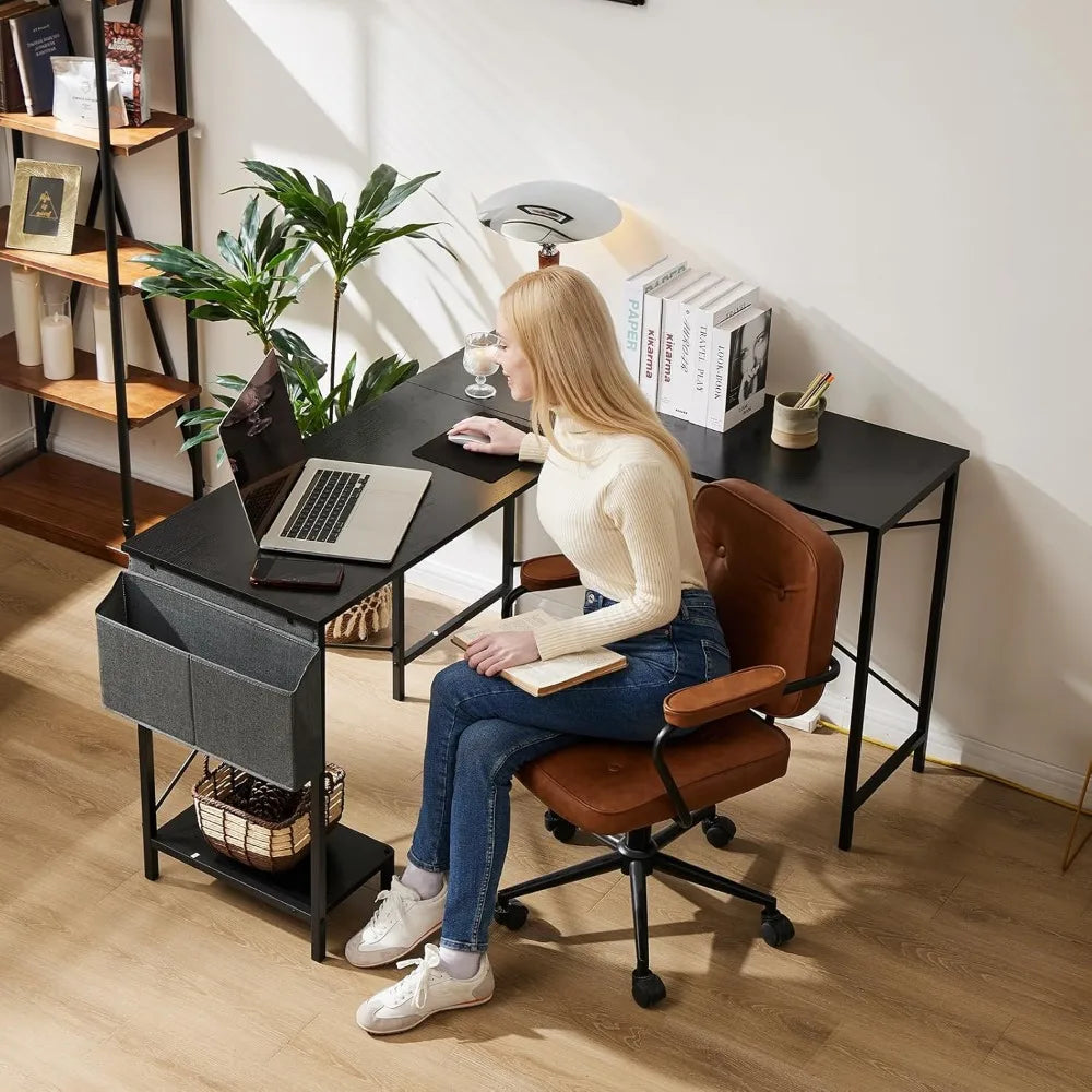 Corner Computer Desk with Gaming and Home Office Features, Including CPU Storage and Side Bag