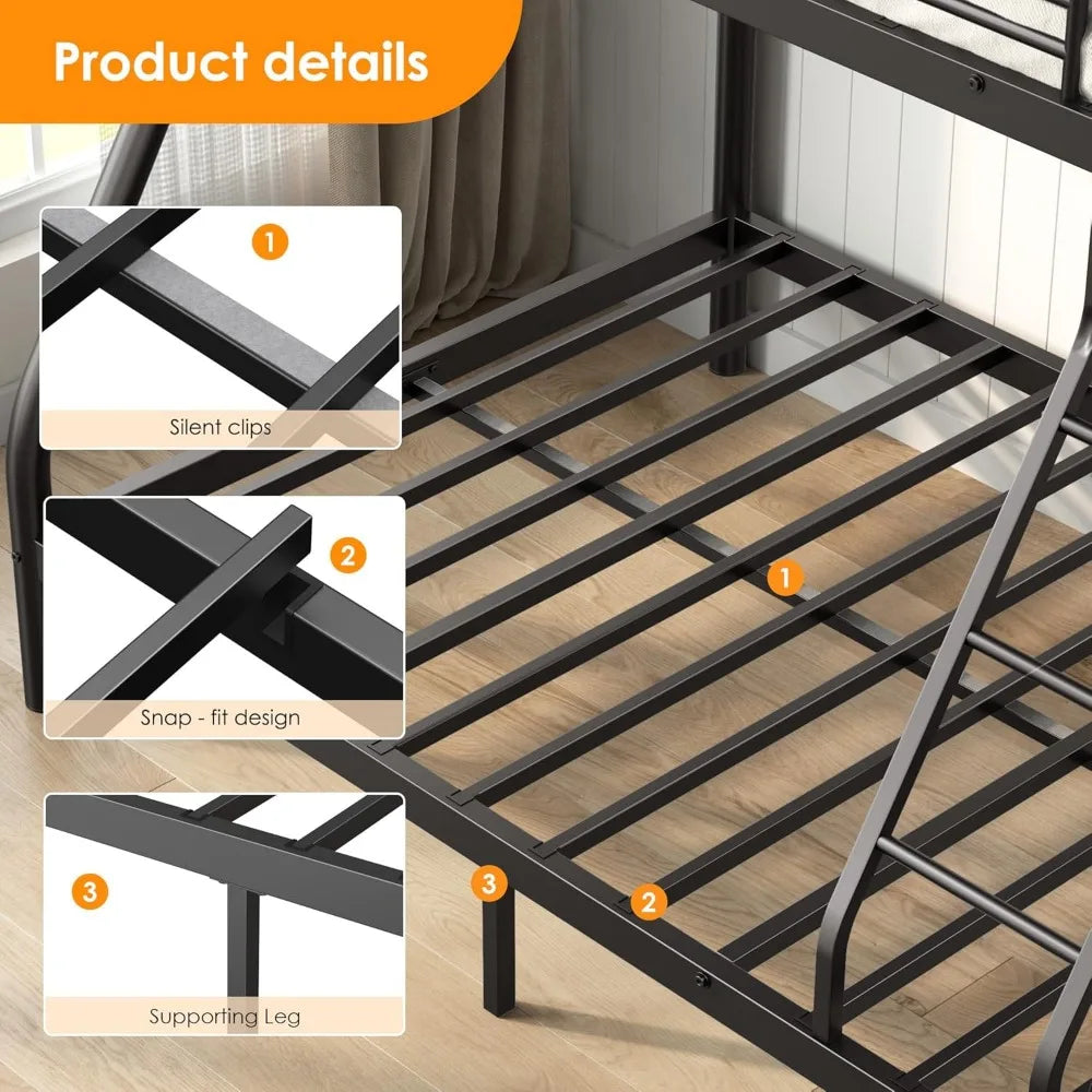 DHYL Bunk Beds Twin Over Full Size, Heavy Duty Metal Bunk Bed Frame for Adults, Space-Saving & No Box Spring Needed, Black
