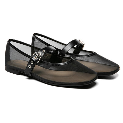 Mesh Ballet Flats for Women Square Toe Buckle Strap Mary Jane Flats Comfortable Casual Ballerina Shoes