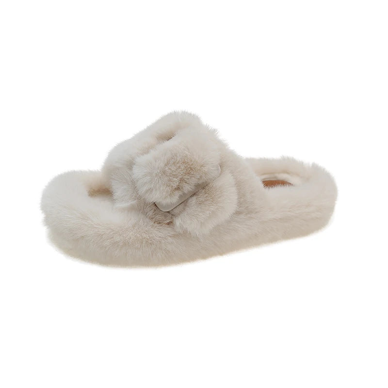 Women's Fashion Flat Fluffy Slippers Winter New Round Head Open Toe Suede Warm Comfortable Cotton Drag