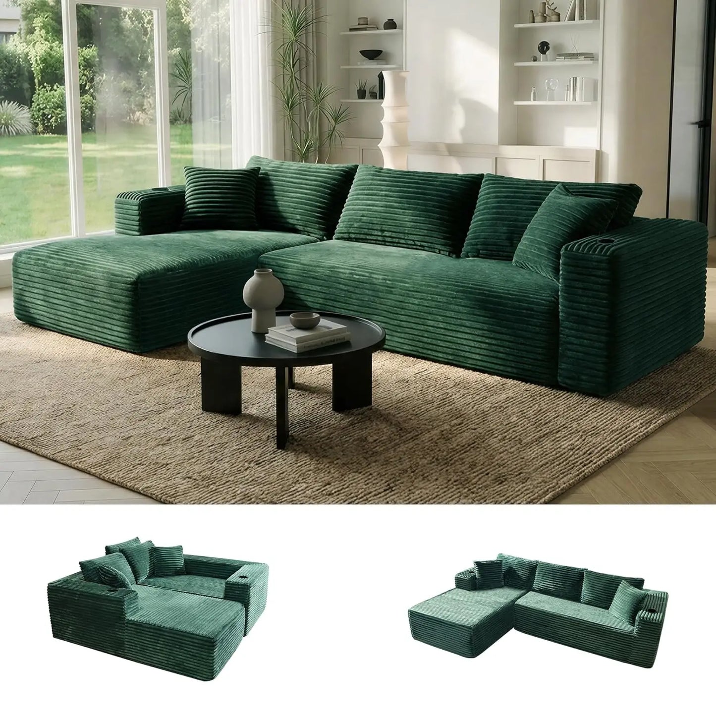 106" Cloud Couch Corduroy Modular Sectional Sofa L-Shape Boneless Couch with Wide Armrests and Cup Holders for, Customized