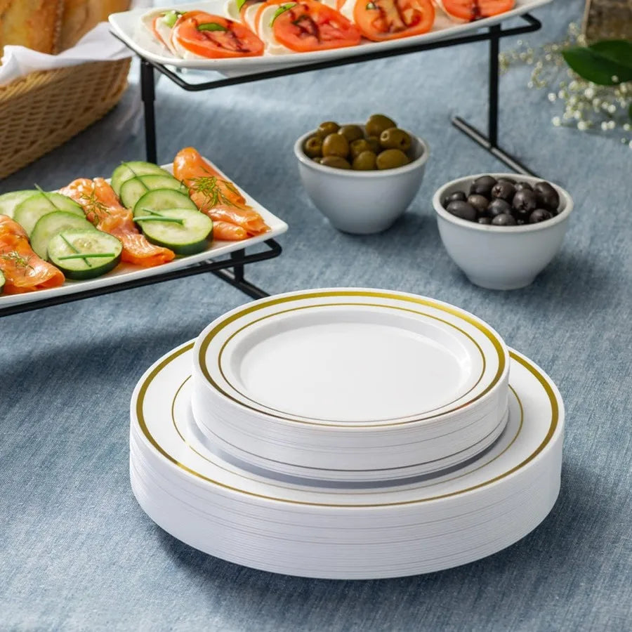 60Piece Gold Trim Plastic Dinnerware Set HeavyDuty Disposable Dinner and Salad Plates for Weddings Catering Parties Durable 10.