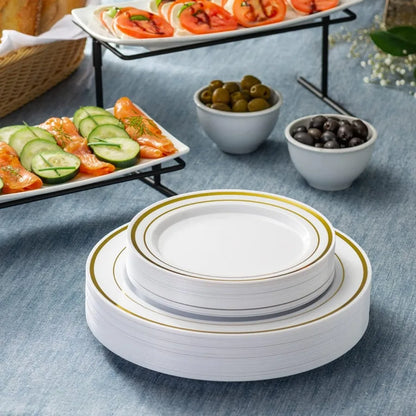 60Piece Gold Trim Plastic Dinnerware Set HeavyDuty Disposable Dinner and Salad Plates for Weddings Catering Parties Durable 10.