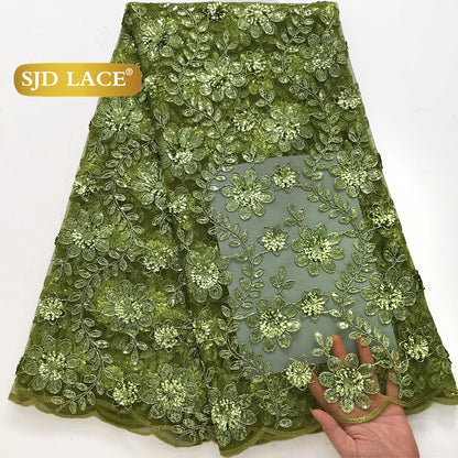 SJD LACE African Green Sequins Mesh Woman Lace Fabric High Quality 2025 Nigerian French Net Lace for Sewing Wedding Dresses 3735