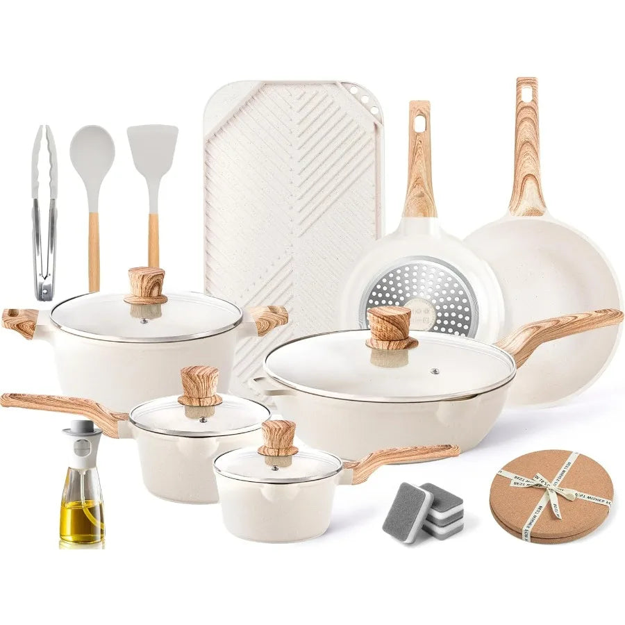 20Pcs Cookware Sets Nonstick Pots and Pans Set Granite Induction Cookware Non Stick Kitchen Cooking Set Grayish White Grill Gri