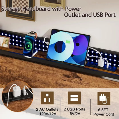 Bed Frame with Charging Station and LED Lights,Industrial Platform Beds Queen Size with Storage Headboard,USB Port,Rustic Wood