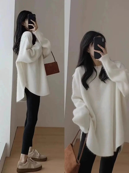White Knitted Loose Long Sleeve Women's Base Shirt Sweater Autumn Winter High Sensation Inner Match Lazy Style Polyester Fiber