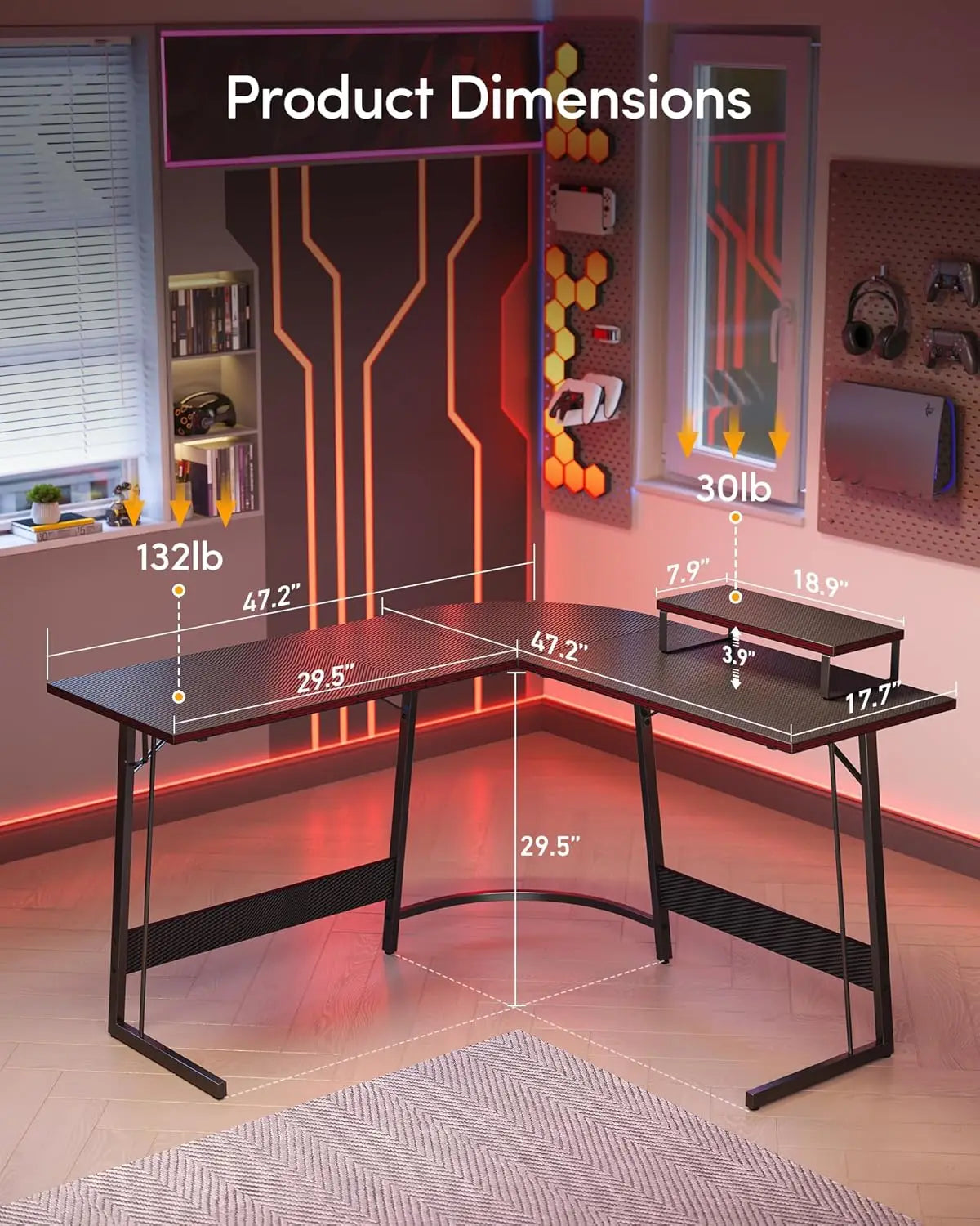 L Shaped Gaming Desk Computer Office Desk with Carbon Fiber Surface, 47 inch Corner Desk with Large Monitor Stand for Home Offic