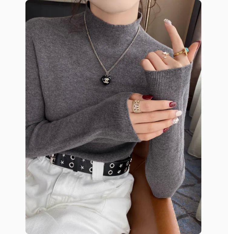 2025 Women's New Slim Long Sleeve Base Pullover Knitted Solid Color Turtleneck Sweater Versatile Autumn Winter Warm Tops