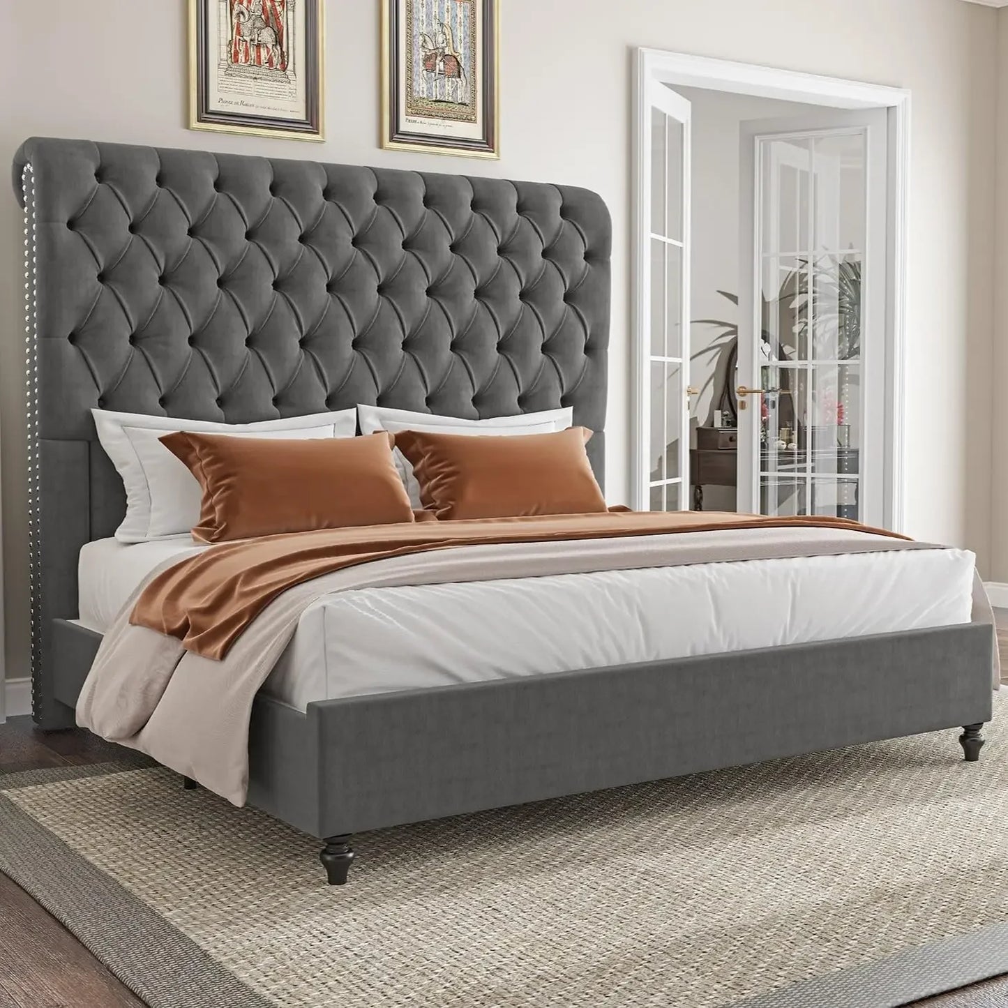 King Size Bed Frame 60" Tall Sleigh Headboard Bed with Velvet Upholstered Platform, No Box Spring Needed