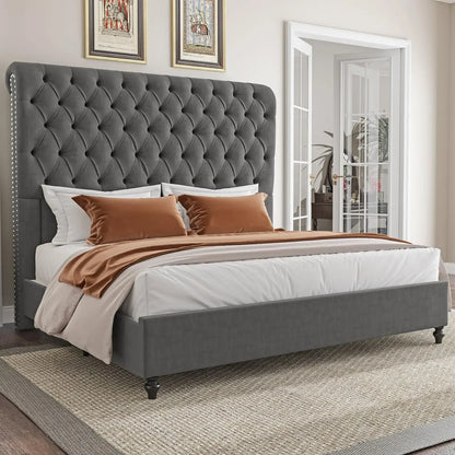 King Size Bed Frame 60" Tall Sleigh Headboard Bed with Velvet Upholstered Platform, No Box Spring Needed