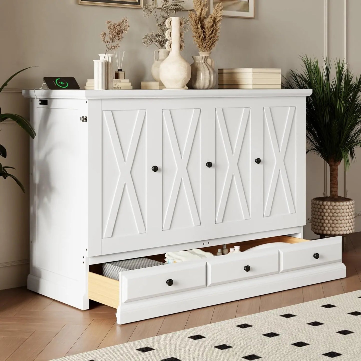 Queen Size Murphy Bed, Solid Pine Queen Murphy Bed Frame Chest Cube Cabinet with Charging Station and Large Storage Drawer for H