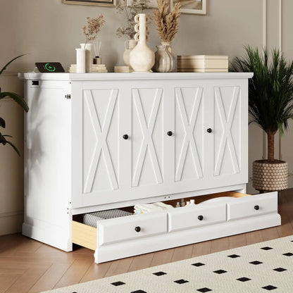 Queen Size Murphy Bed, Solid Pine Queen Murphy Bed Frame Chest Cube Cabinet with Charging Station and Large Storage Drawer for H