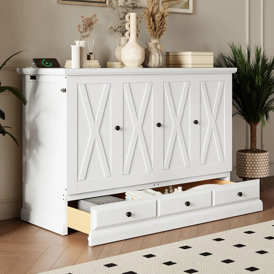 Queen Size Murphy Bed, Solid Pine Queen Murphy Bed Frame Chest Cube Cabinet with Charging Station and Large Storage Drawer for H