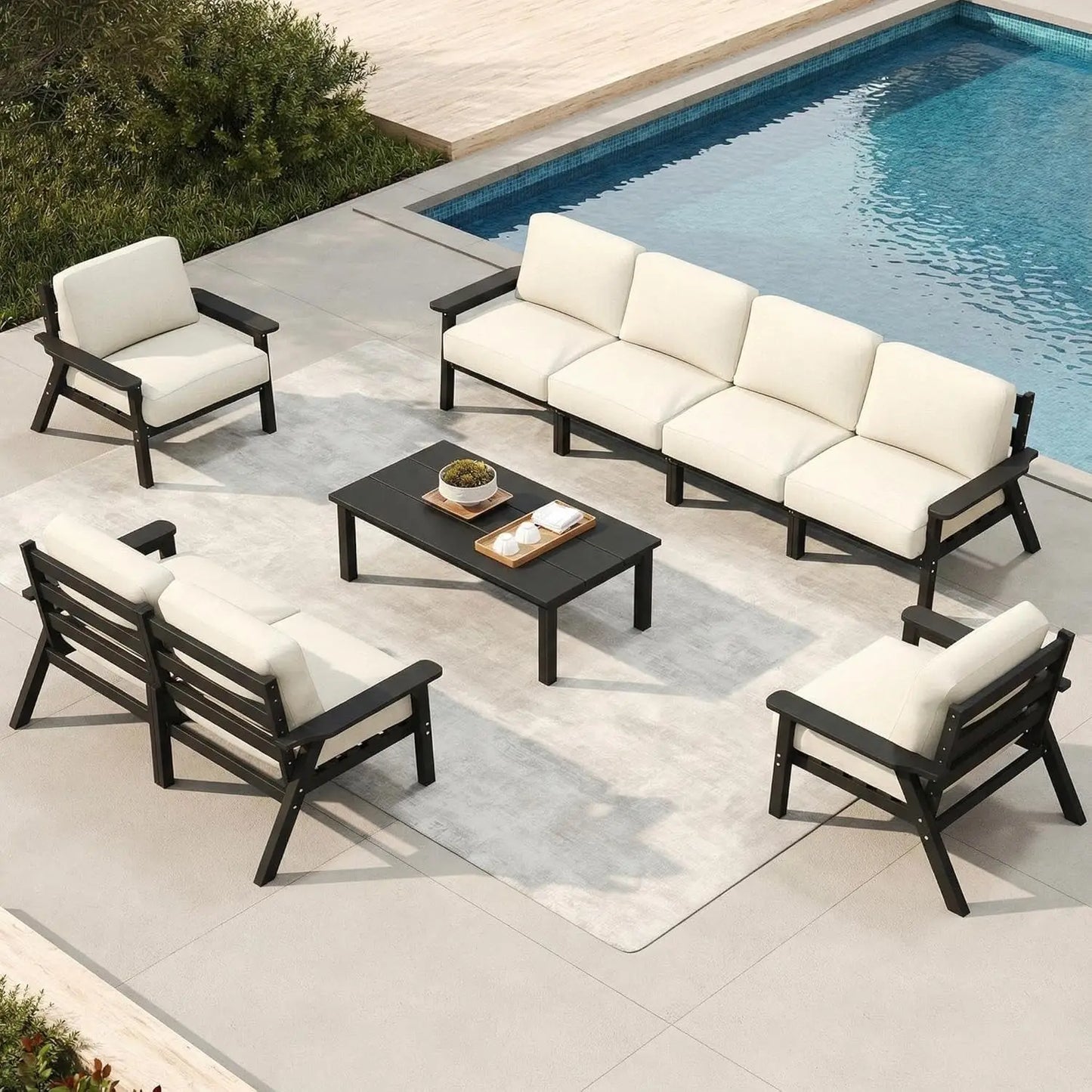 Patio Furniture Set 8 Seats, HDPE Outdoor Sectional with Beige Washable Thick Cushions, Coffee Table, Patio, Customized