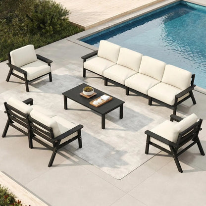 Patio Furniture Set 8 Seats, HDPE Outdoor Sectional with Beige Washable Thick Cushions, Coffee Table, Patio, Customized