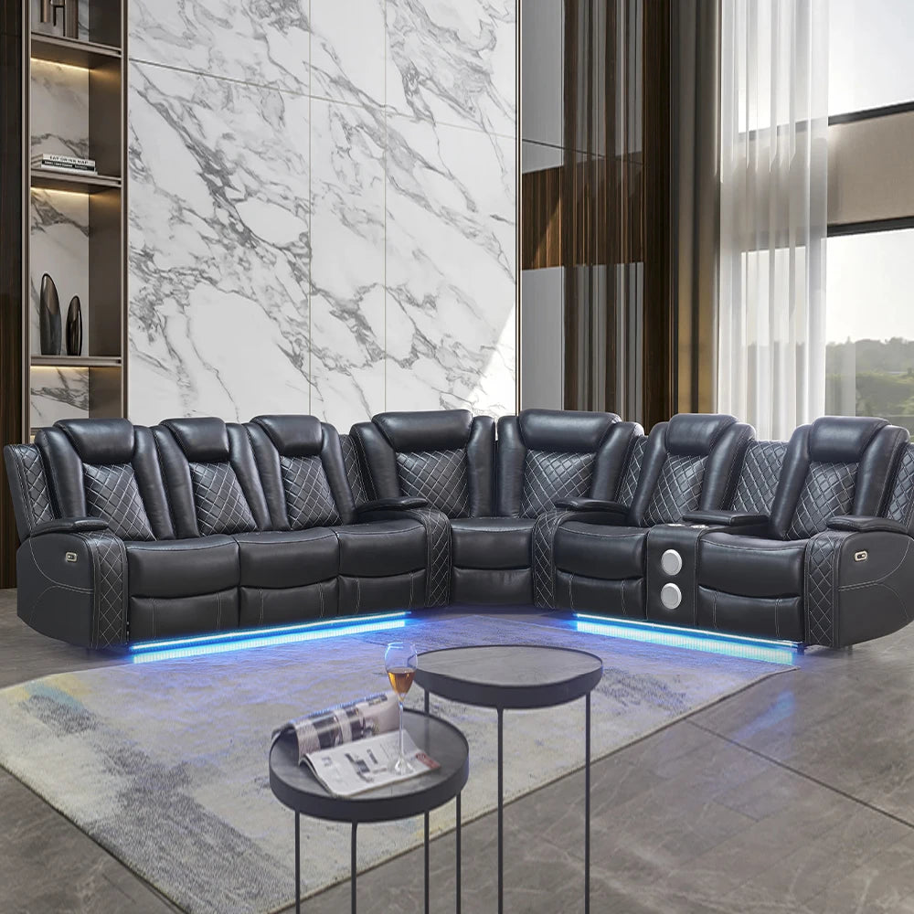 Power Reclining Sofa Couch with Wireless Charger 3 Seaters Recliner  Reading Light Leather Bluetooth Speaker Theater Seating LED