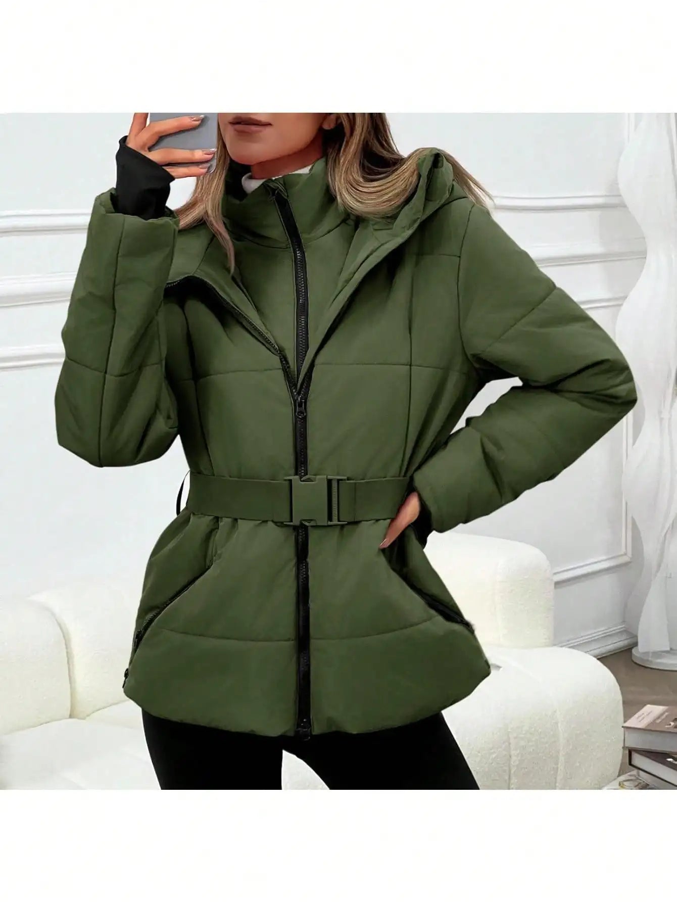 Fisoew women's Belted Puffer Jacket, Women's Waterproof Ski Coat With Hood, Quilted Winter Snowsuit Aesthetic