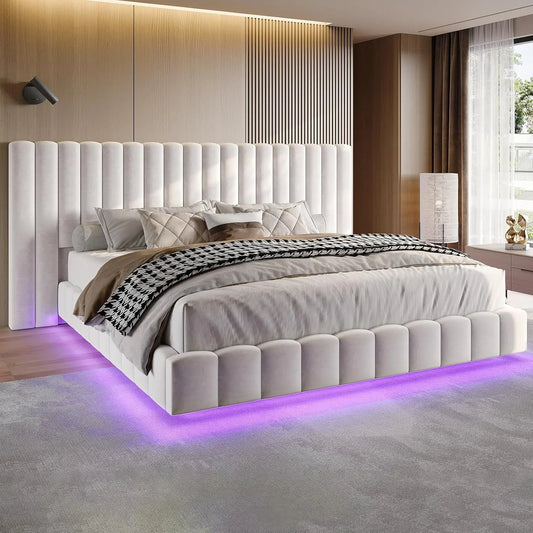 King Bed Frame with LED Lights and Upholstered Oversized Headboard, Modern Velvet Platform with Floating Design, No, Customized