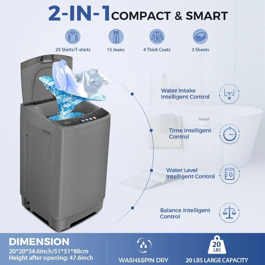 Nictemaw Portable Washing Machine, 20Lbs Capacity Full-Automatic Portable Washer Machine, 2.8Cu.ft Washer and Dryer Combo