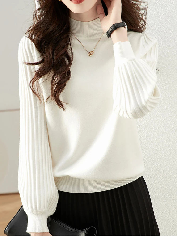 Women Half High Collar Base Sweater Autumn And Winter Casual Solid Knitted Tops Pit Stripe Long Sleeved Pullover Sweaters