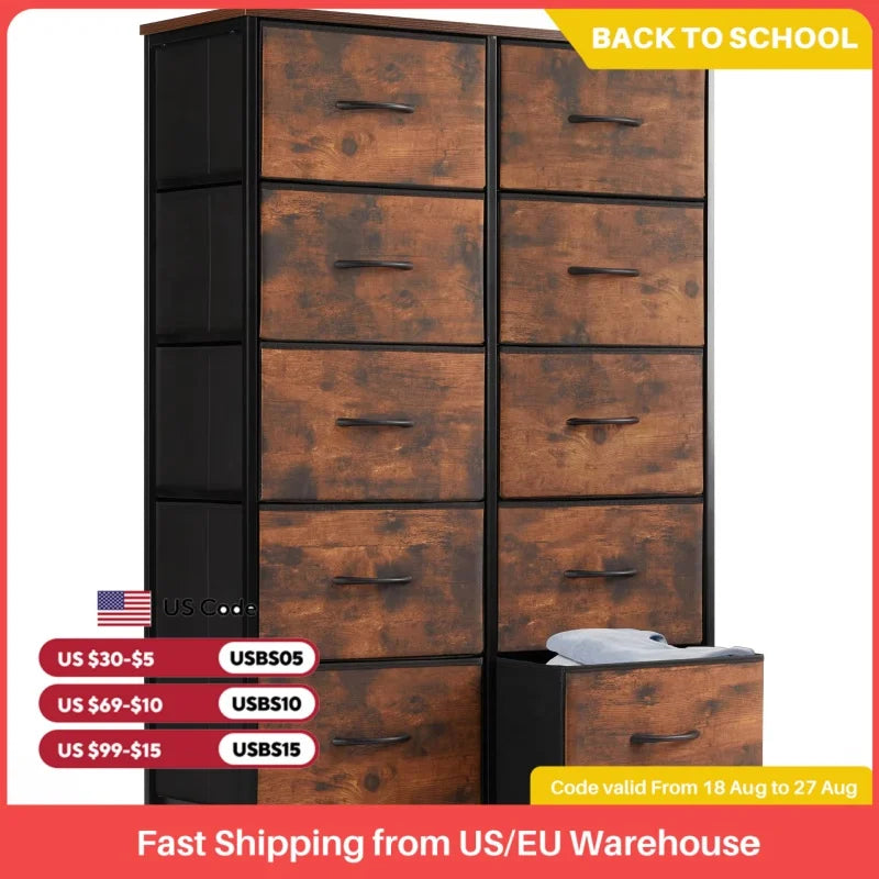 JHK Bedside Table For Bedroom With 10 Fabric Drawers Wardrobe Steel Frame Closet For Storage Cabinet Living Room Of Furniture