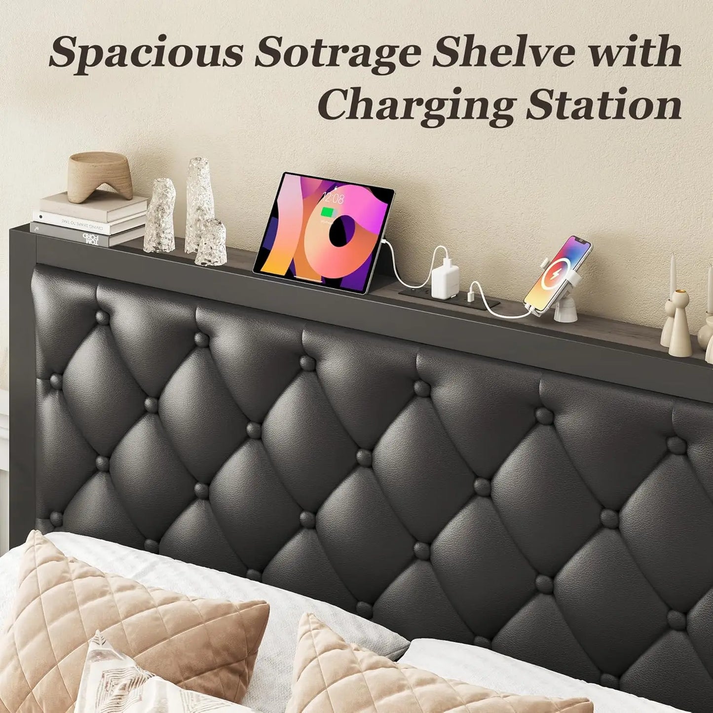 Queen Bed Frame with Storage Drawers, Upholstered Headboard, Charging Station, Noise-Free Metal Structure in Black