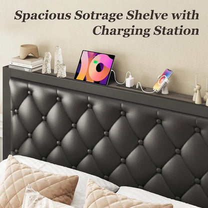 Queen Bed Frame with Storage Drawers, Upholstered Headboard, Charging Station, Noise-Free Metal Structure in Black
