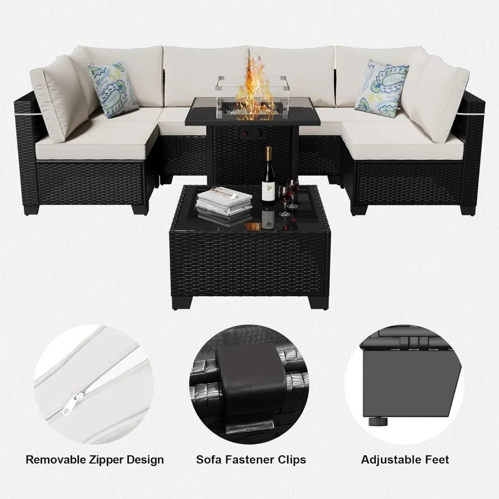 8 Piece Patio Furniture Set with Fire Pit Table, Outdoor Sectional Furniture, Wicker Patio Sofa, Conversation Set Perfect for Ba