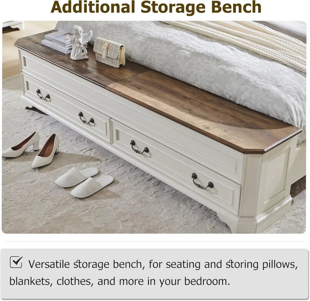 Farmhouse King Bed with Storage Bench and Drawers, Rustic Wood Platform Bed Frame in Antique White