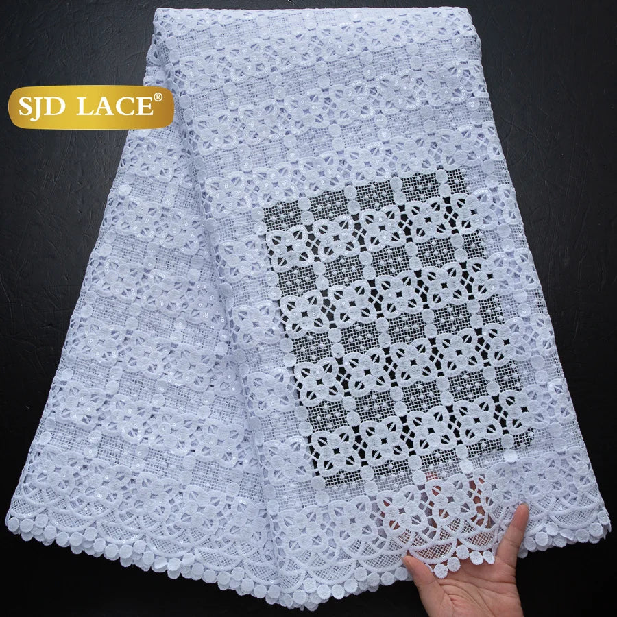 SJD LACE African Sequins Guipure Cord Lace Fabrics 5 Yards White 2025 New Nigerian Water Soluble Lace For Women Dresses Sew 4197