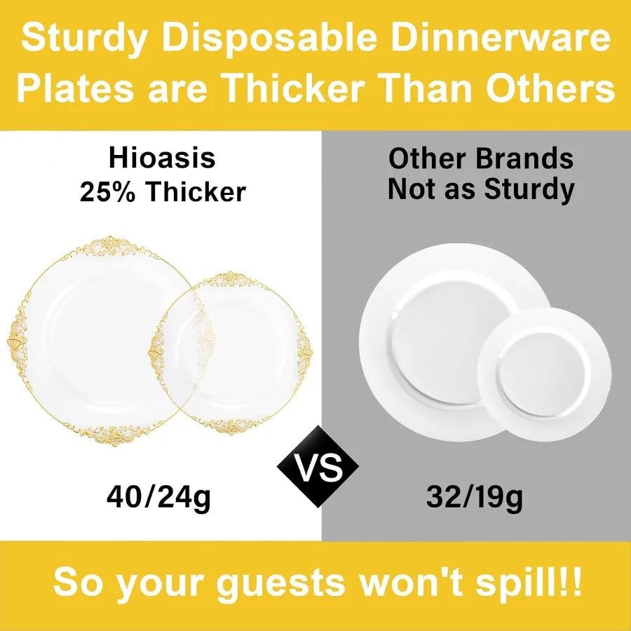 150PCS Clear and Gold Plastic Plates Disposable Dinnerware Set for Elegant Events and Parties Ideal for Serving 25 Guests with