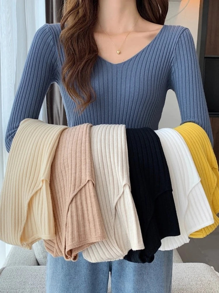 2025 Korean Autumn Winter V Neck Sweater Fashion Casual Long Sleeve Knitted Sweaters Solid Color Slim Pullovers Women Clothes