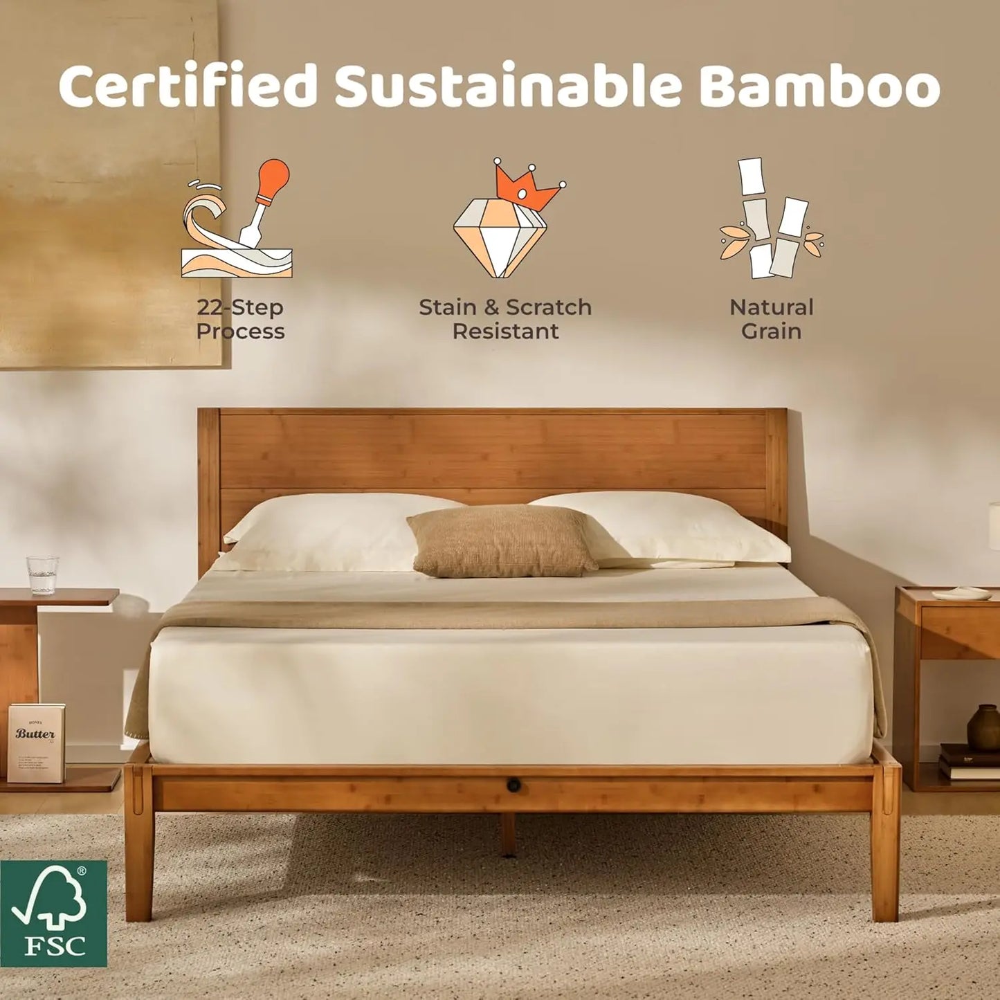 King Japanese Joinery Platform Bed Frame, Mid-Century with Tall Headboard, Noise-Free Solid Bamboo Wood, Customized