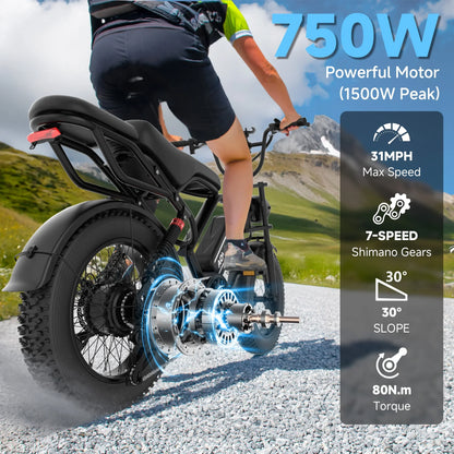AOVOPRO Electric Bike 1500W Peak 20" Fat Tire 31mph Top Speed 70 Miles Max Range for Road Sand Mountain Snow Electric Motorcycle