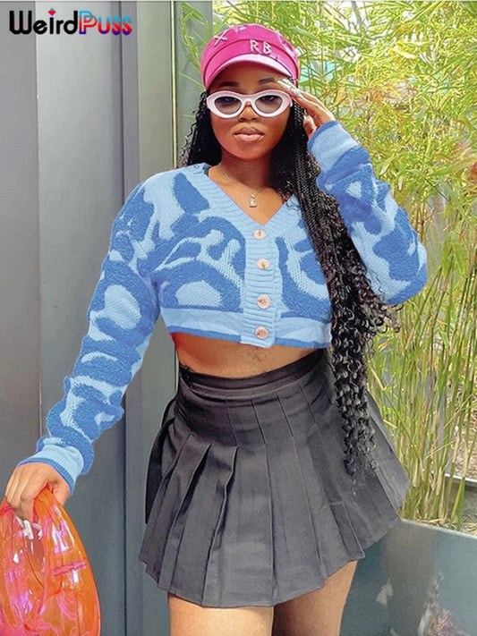 Weird Puss Casual Y2K V-Neck Button Cardigan Sweater Women Autumn Wild Stylish Long Sleeve Warm Streetwear Knit Classic Jumper