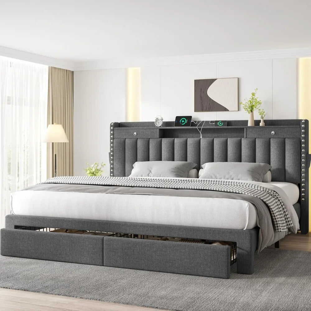 Bed Frame with 4 Storage Drawers, Upholstered Platform  Bed Frame and Headboard, 3 USB & Type-C, Customized