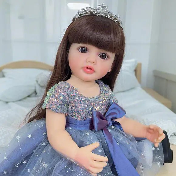 1PC realistic and beautiful reborn doll girl, 22-inch cute baby full-body soft band wig blue set gift box suitable for children,