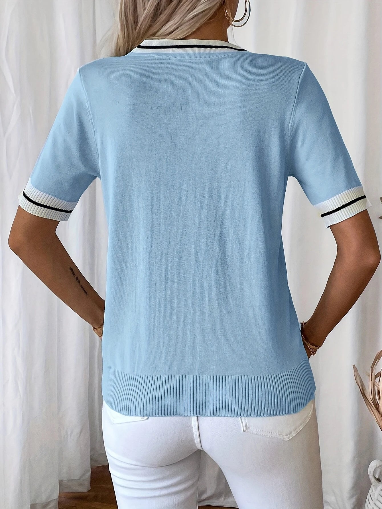 Autumn and Winter New Fashion Woman Sweater V-neck Ribbon Knitted Casual Color Block Women's Short Sleeve Top Women's Clothing