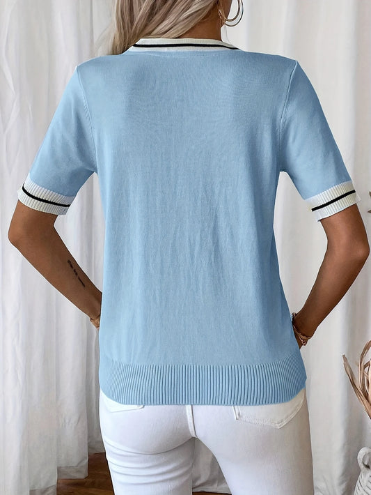 Autumn and Winter New Fashion Woman Sweater V-neck Ribbon Knitted Casual Color Block Women's Short Sleeve Top Women's Clothing