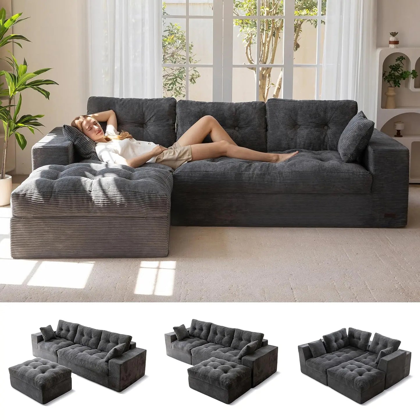 104" L Shaped Modular Sectional Sofa with Ottoman, Cloud Boneless Couch with Layered Cushion, Upholstered Sofa in a Box, Flexibl