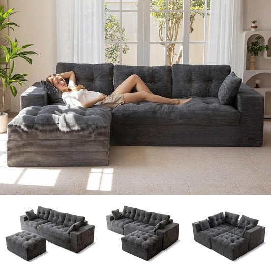 104" L Shaped Modular Sectional Sofa with Ottoman, Cloud Boneless Couch with Layered Cushion, Upholstered Sofa in a Box, Flexibl