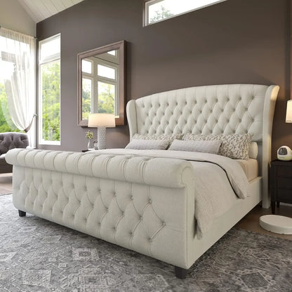 2025NEW Queen Size Platform Bed Frame, Chenille Upholstered Sleigh Bed with Scroll Wingback Headboard & Footboard/Button Tufted