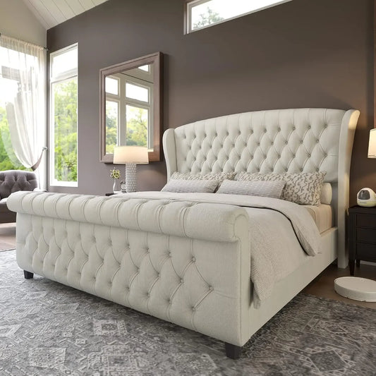 2025NEW Queen Size Platform Bed Frame, Chenille Upholstered Sleigh Bed with Scroll Wingback Headboard & Footboard/Button Tufted