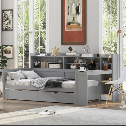 Twin Size Daybed with Trundle, Side Bookcase and Desk, Pine Wood Captains Bed with Storage Shelves Headboard , Customized
