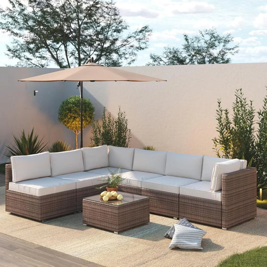7 Piece Patio Furniture Set, Outdoor Couch Set—All-Weather Outdoor Furniture Sectional w Water Resistant Thick Cushions
