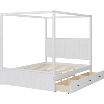 SOFTSEA Canopy Platform Bed with Trundle and Three Storage Drawers, Queen Size Solid Wood Bed with Headboard, 4-Post Platform Fr