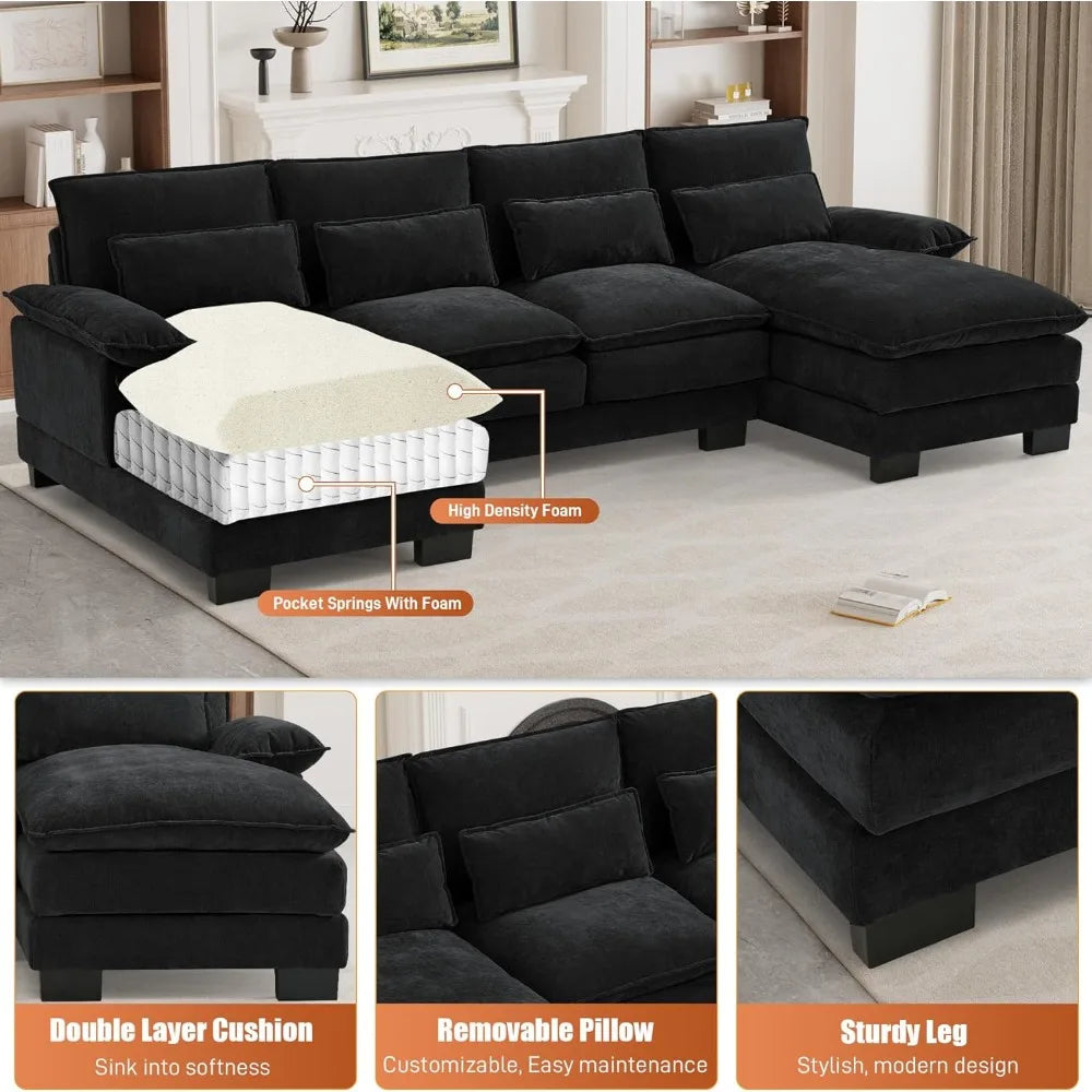 U Shape Cloud Couch Sectional Sofa, 110" Modern Chenille Comfy Modular Sofa with Memory Foam & Double Chaise, Jet Black